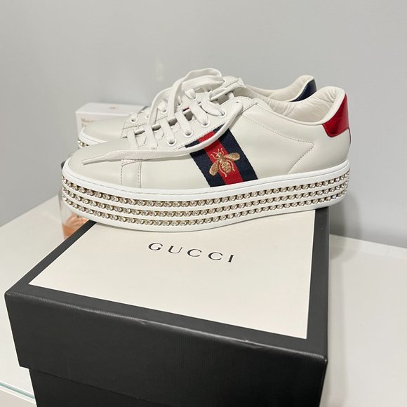 Gucci White Leather Crystal Studded Ace Lace Up Sneakers Size 38 - Picture 3 of 11